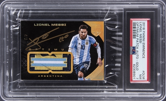 2018-19 Panini Eminence Optimum Patch Autographs Gold #OLM Lionel Messi Signed Patch Card (#2/5) - PSA NM 7